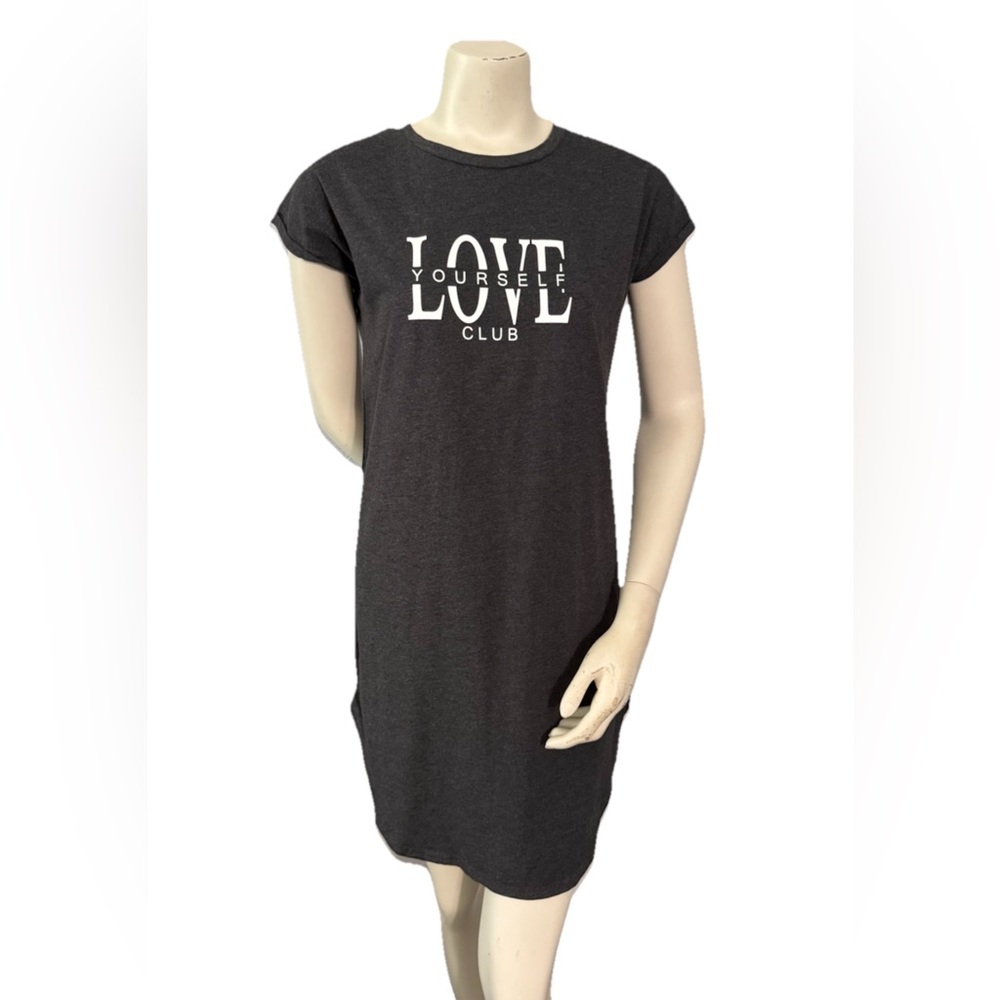 Infinity Woman Love Yourself Club T-Shirt Dress S Gray Cotton Blend Casual
